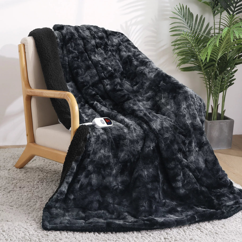 Electric Throw Blanket 50" X 60", Soft Faux Fur Heated Blanket with Large LED Display, 6 Heating Levels, 4 Hours Timer, Tie - Dye Black - Open Season Industries