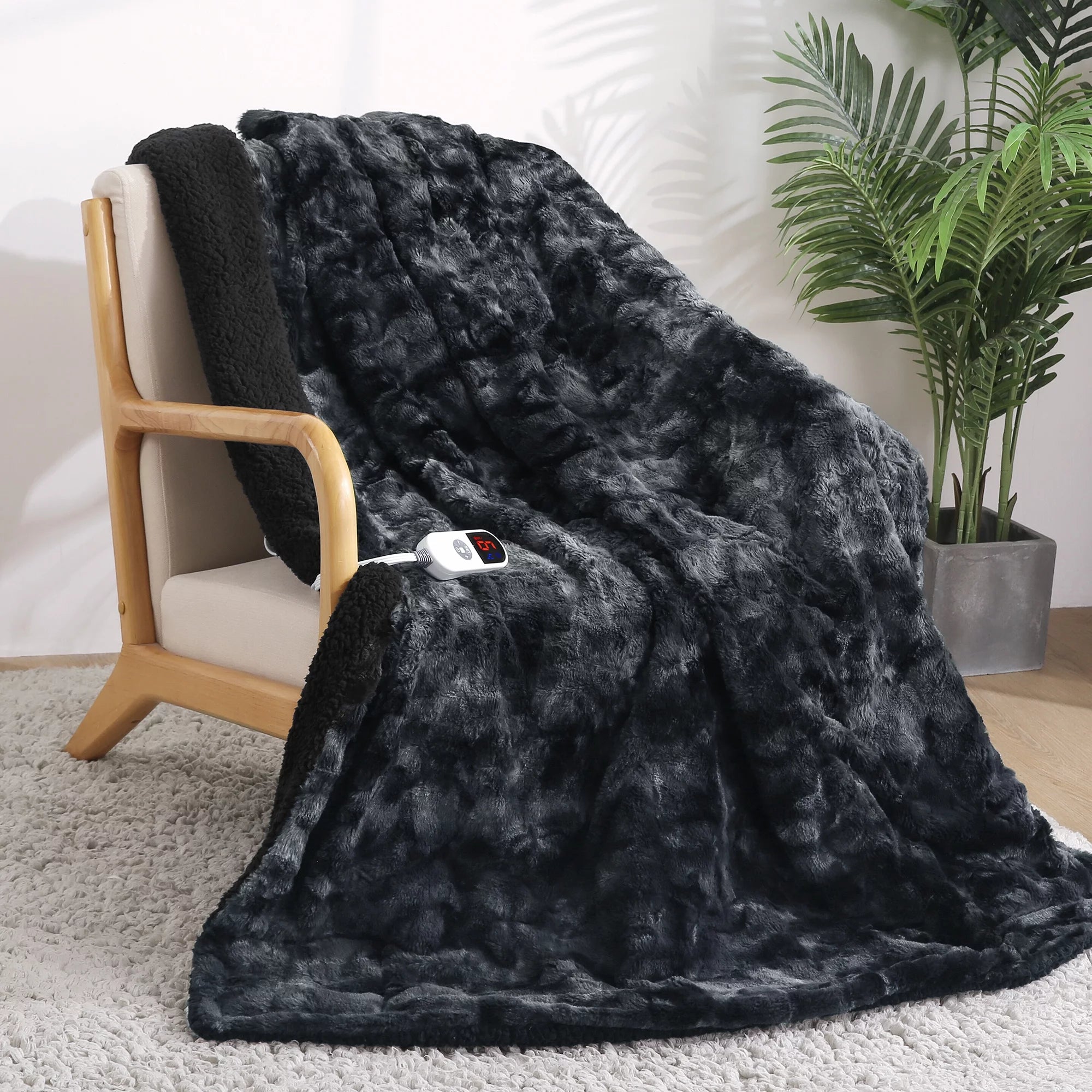Electric Throw Blanket 50" X 60", Soft Faux Fur Heated Blanket with Large LED Display, 6 Heating Levels, 4 Hours Timer, Tie - Dye Black - Open Season Industries