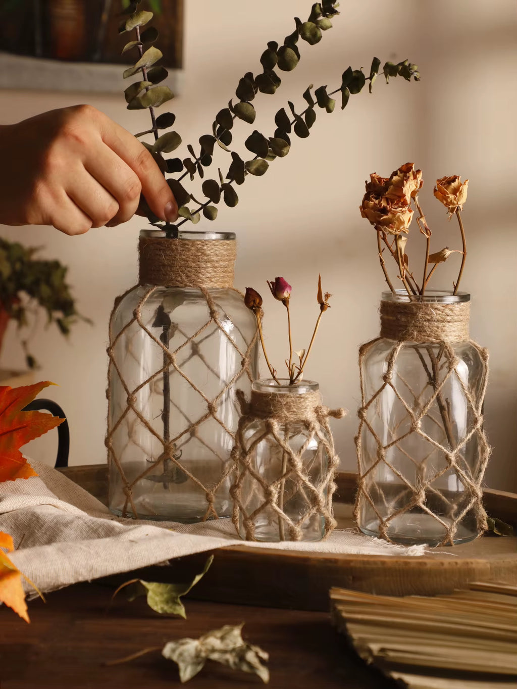 Rustic Hanging Glass Vase Rope Net Dry Flower Glass Vase with Art Hemp Rope Home Transparent Living Room Decor Table Decoration - Open Season Industries