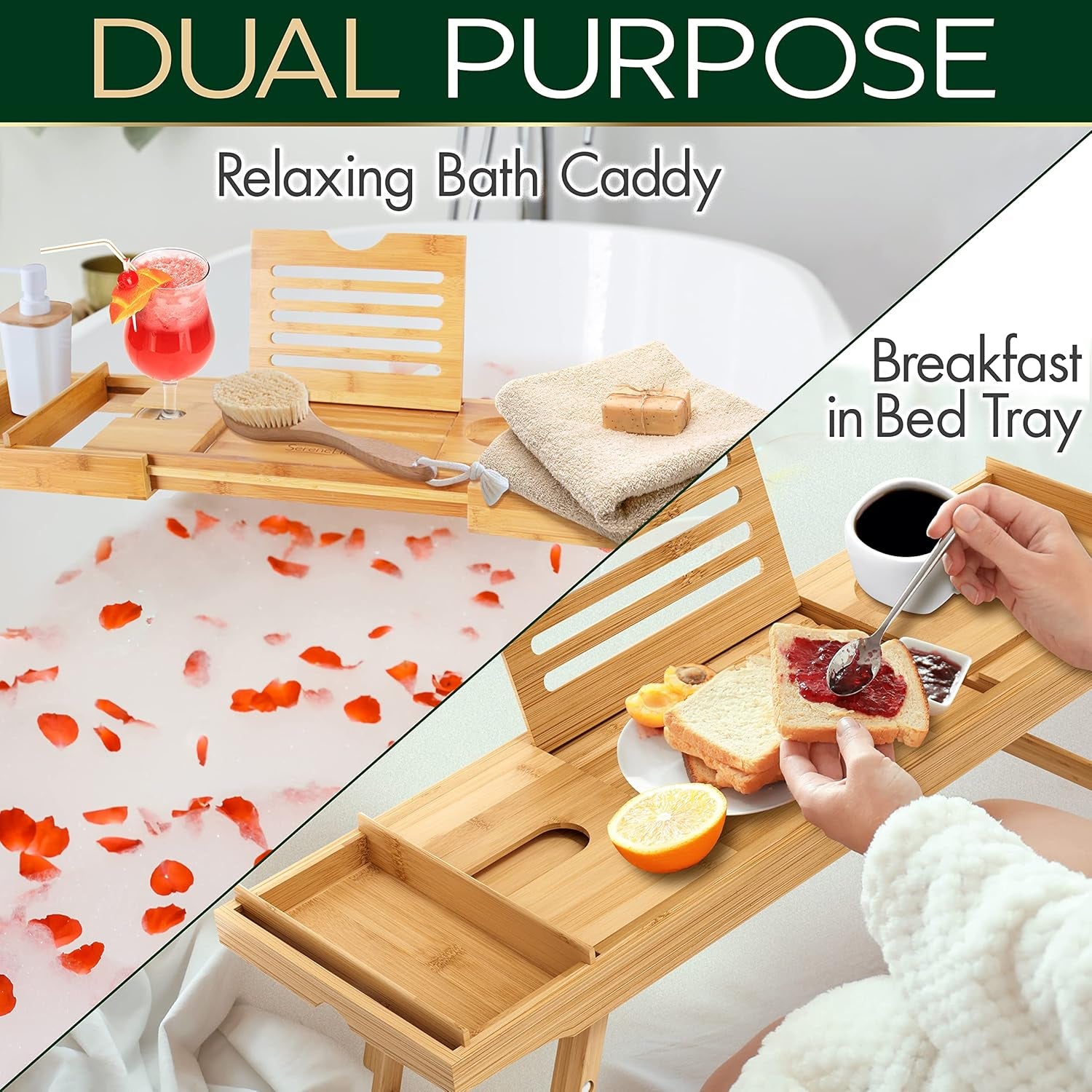 Bath Caddy Breakfast Tray Combo - Natural Bamboo Wood Waterproof Tub and Bed with Folding Slide - Out Arms, Device Grooves, Wine Glass Soap Holder - Open Season Industries