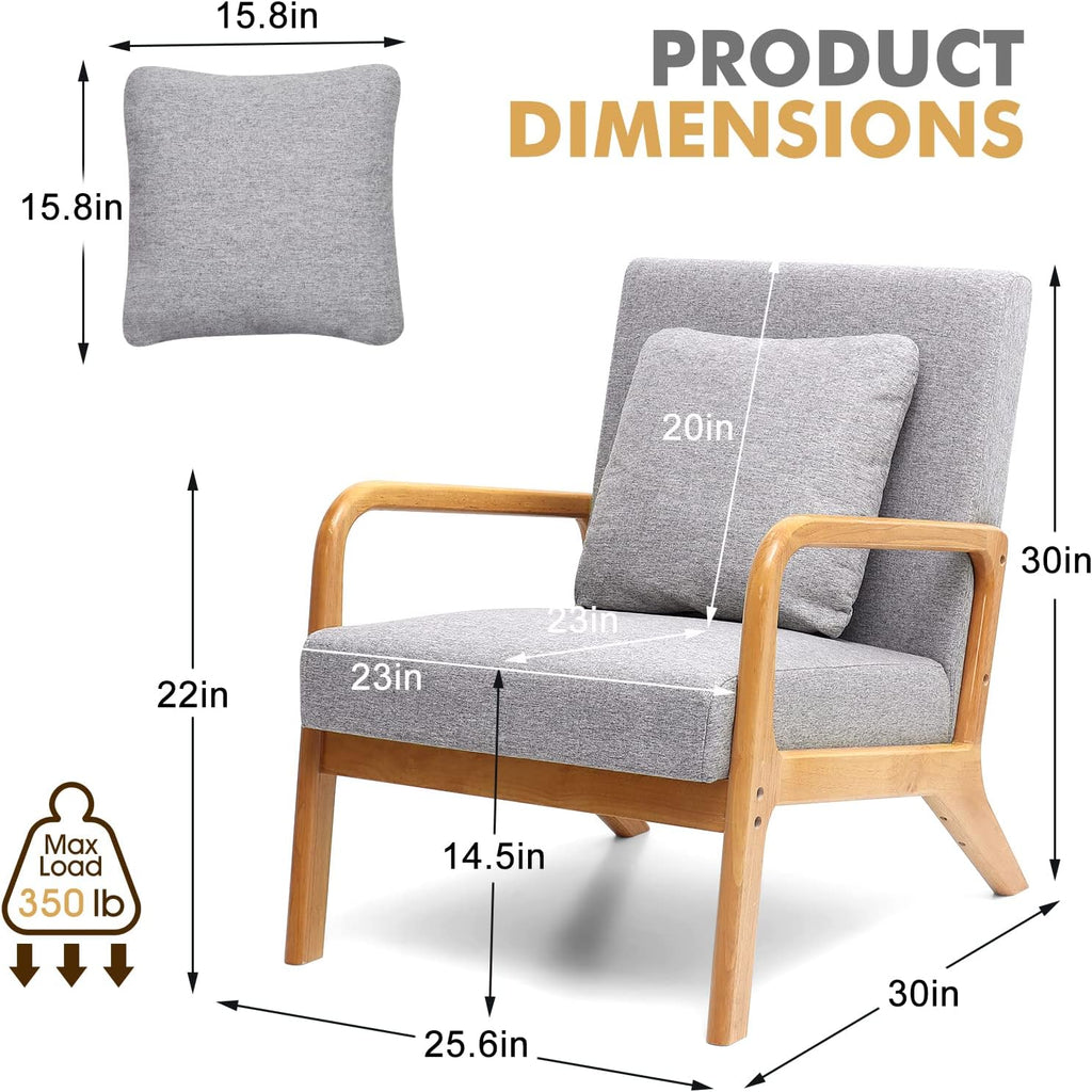 Accent Chair, Mid - Century Modern Side Chairs for Living Room, Bedroom, Balcony, Reading Room, Deeper Sitting Chair with Pillow, Armchair with Solid Wood Frame & Soft Cushion, Grey - Open Season Industries