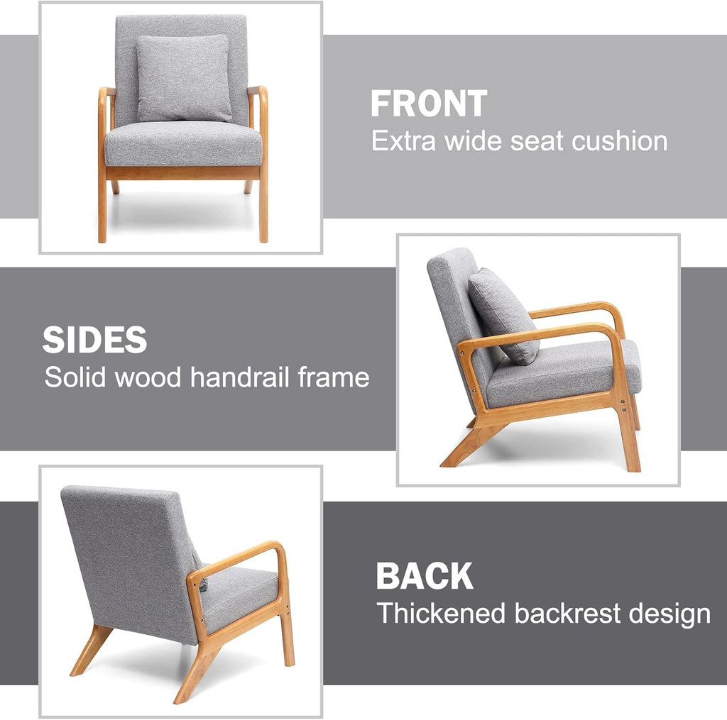 Accent Chair, Mid - Century Modern Side Chairs for Living Room, Bedroom, Balcony, Reading Room, Deeper Sitting Chair with Pillow, Armchair with Solid Wood Frame & Soft Cushion, Grey - Open Season Industries
