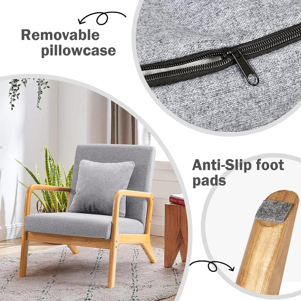 Accent Chair, Mid - Century Modern Side Chairs for Living Room, Bedroom, Balcony, Reading Room, Deeper Sitting Chair with Pillow, Armchair with Solid Wood Frame & Soft Cushion, Grey - Open Season Industries