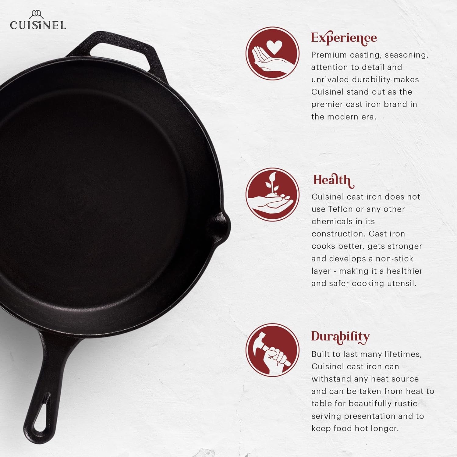 Cast Iron Skillet - 12" - Inch Frying Pan with Assist Handle + Red Silicone Grip Cover - Pre - Seasoned Oven Safe Cookware - Indoor/Outdoor Use - Grill, Stovetop, Induction, BBQ and Firepit Safe - Open Season Industries