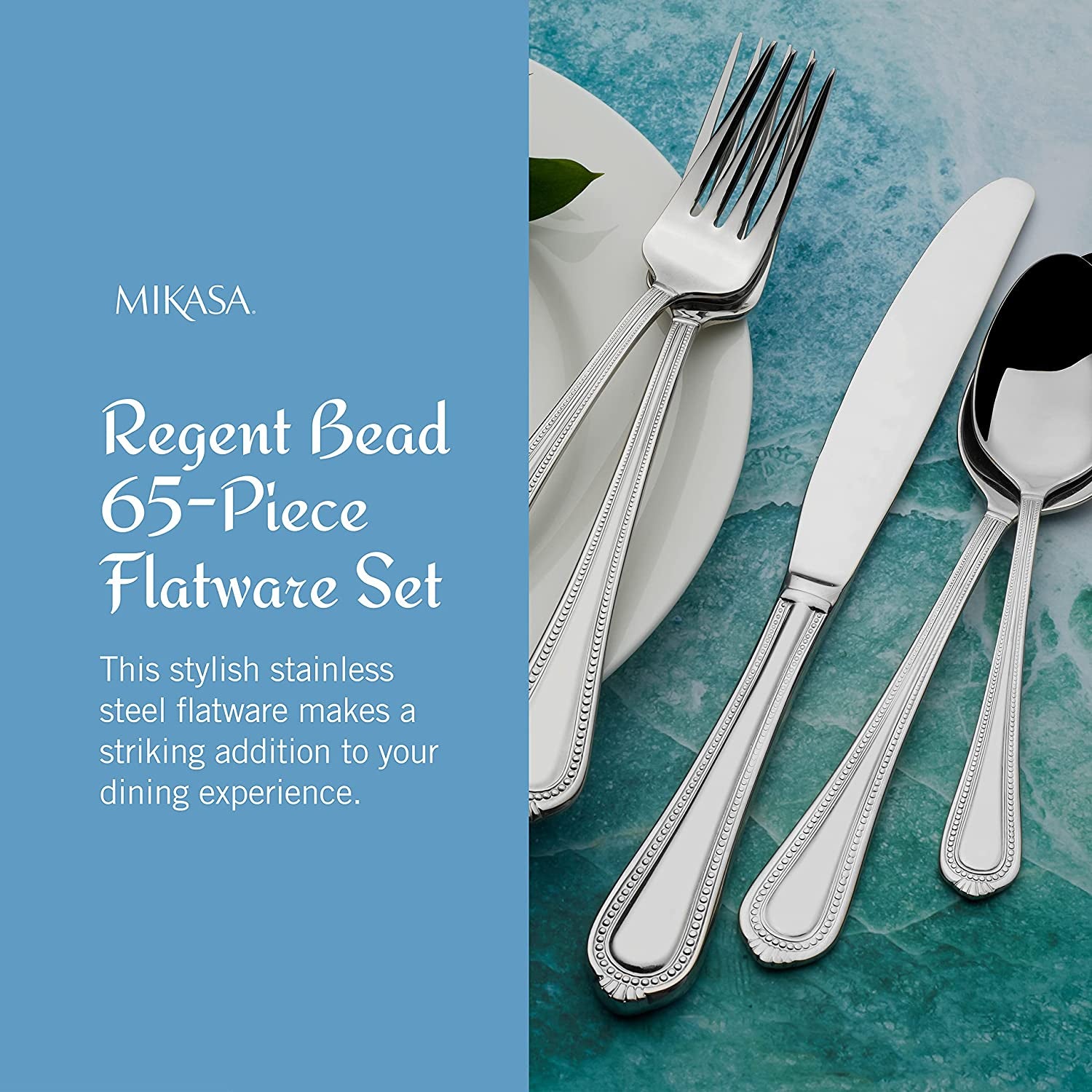 Regent Bead 65 - Piece Flatware Set for 12, 18/10 Stainless Steel Silverware with Full Service and Serving Utensils, Classic Beaded Edge Design - Open Season Industries