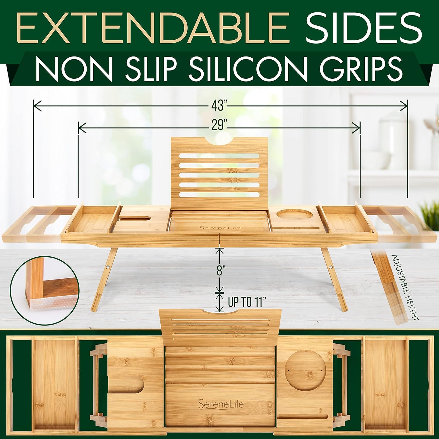 Bath Caddy Breakfast Tray Combo - Natural Bamboo Wood Waterproof Tub and Bed with Folding Slide - Out Arms, Device Grooves, Wine Glass Soap Holder - Open Season Industries