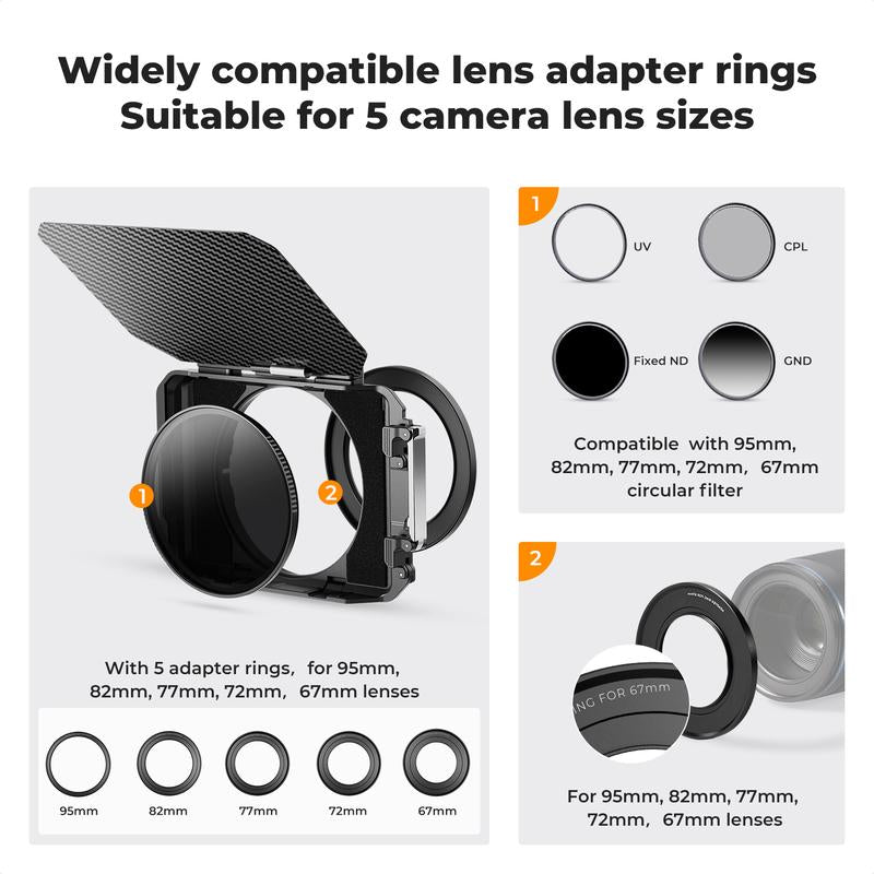 【K&F Concept】Mini Matte Box, DSLR Mattebox with Carbon Fiber Top Flag Square Filters Trays, for 67/72/77/82/95Mm Lenses, for 4X5.65 Square ND UV Filter/Circular Filter - Open Season Industries