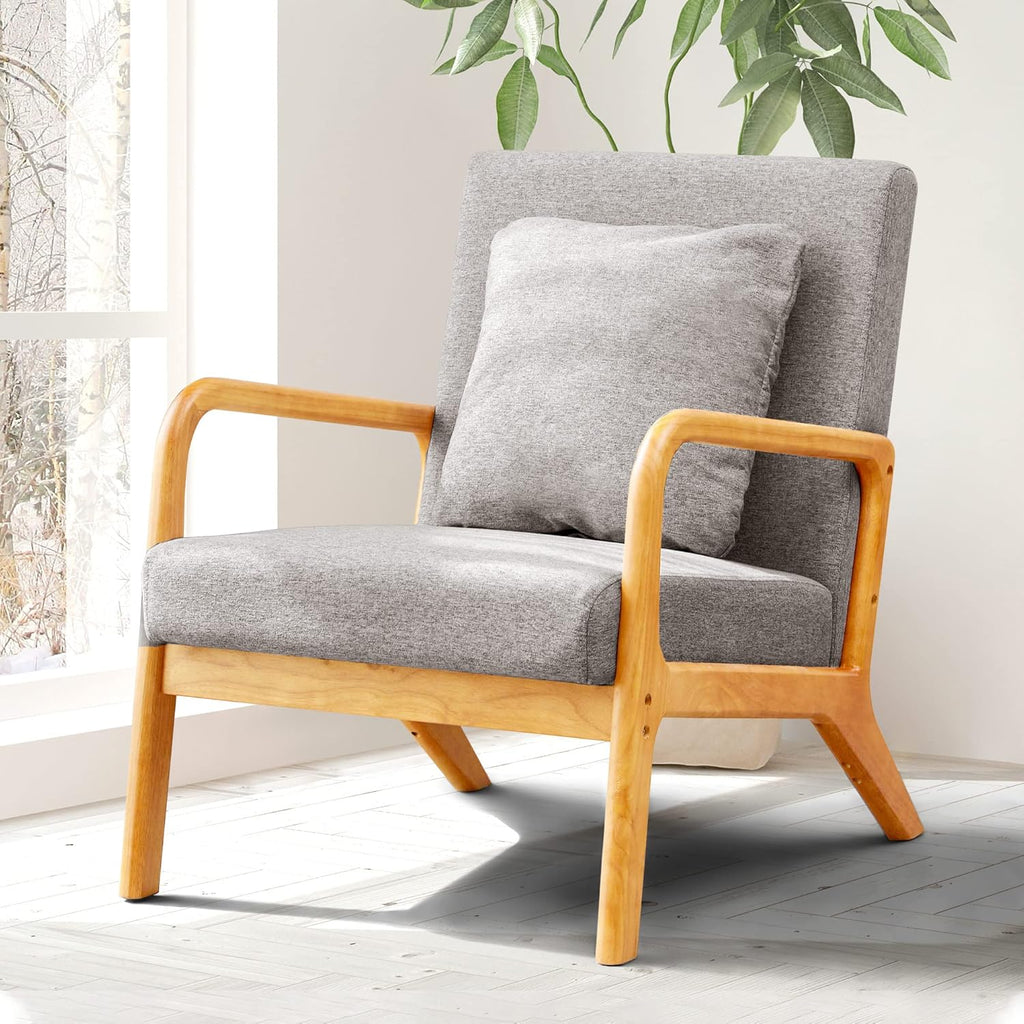 Accent Chair, Mid - Century Modern Side Chairs for Living Room, Bedroom, Balcony, Reading Room, Deeper Sitting Chair with Pillow, Armchair with Solid Wood Frame & Soft Cushion, Grey - Open Season Industries