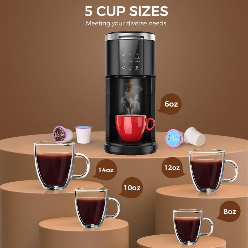 Single Serve Coffee Maker, Coffee Brewer for K - Cups Pods and Ground Coffee, Capsule Coffee Machine with 40Oz Water Tank, 5 Brew Sizes up to 14Cz, Black - Open Season Industries