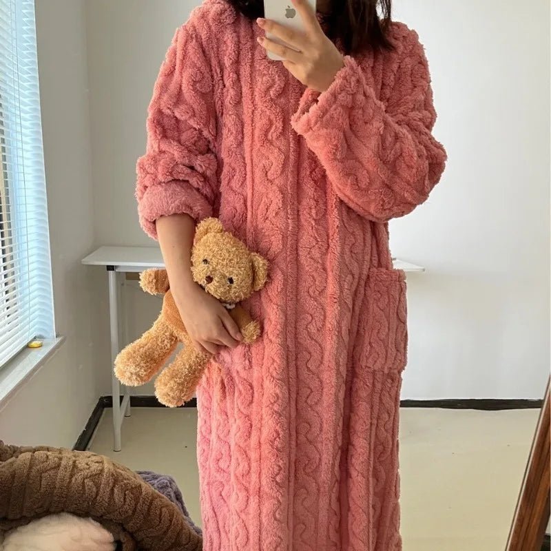 Thickened Warm plus Size Ladies Pyjamas Flannel Winter Striped Coral Velvet Long - Sleeved Nightwear Bathrobe One Piece Pajamas - Open Season Industries