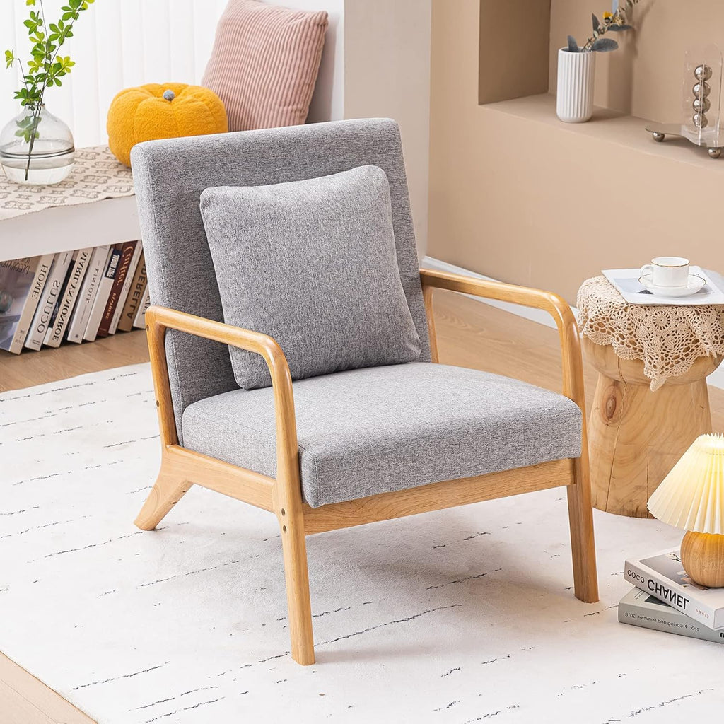 Accent Chair, Mid - Century Modern Side Chairs for Living Room, Bedroom, Balcony, Reading Room, Deeper Sitting Chair with Pillow, Armchair with Solid Wood Frame & Soft Cushion, Grey - Open Season Industries