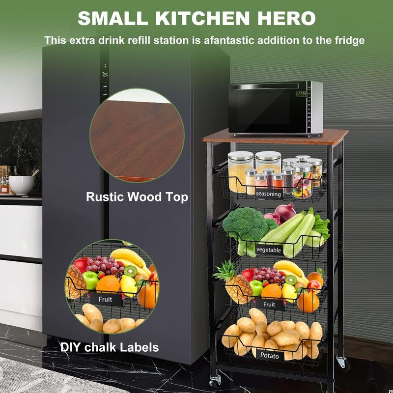 4 - Tier Rolling Kitchen Utility Cart with Wood Top & Mesh Baskets - Mobile Storage for Fruits, Vegetables, Pantry, Laundry & More - Open Season Industries