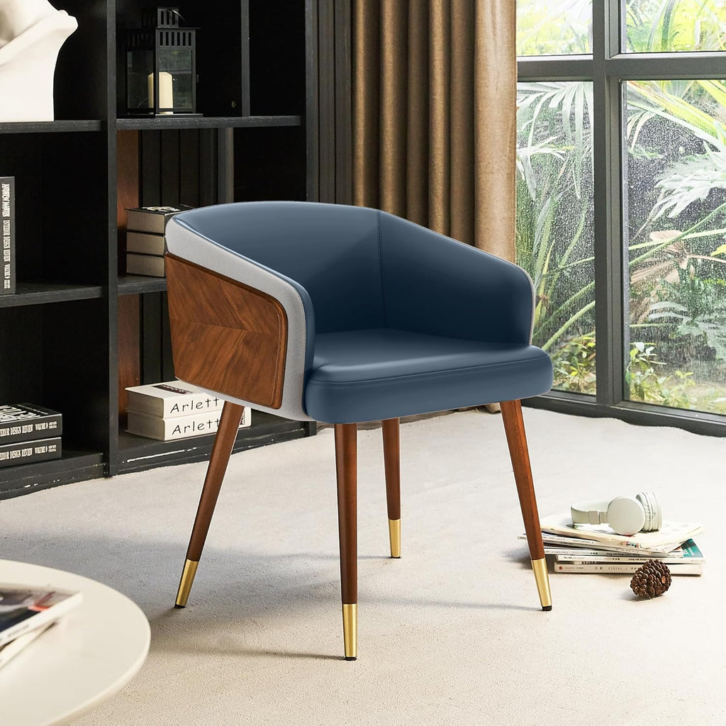Dining Accent Chair,Modern Faux Leather with Walnut, Mid Century Eucalyptus Upholsted Retro Arm Chair, Metal Legs Dissassembly Adjustable Foot for Kitchen Dining Room,Navy Blue - Open Season Industries