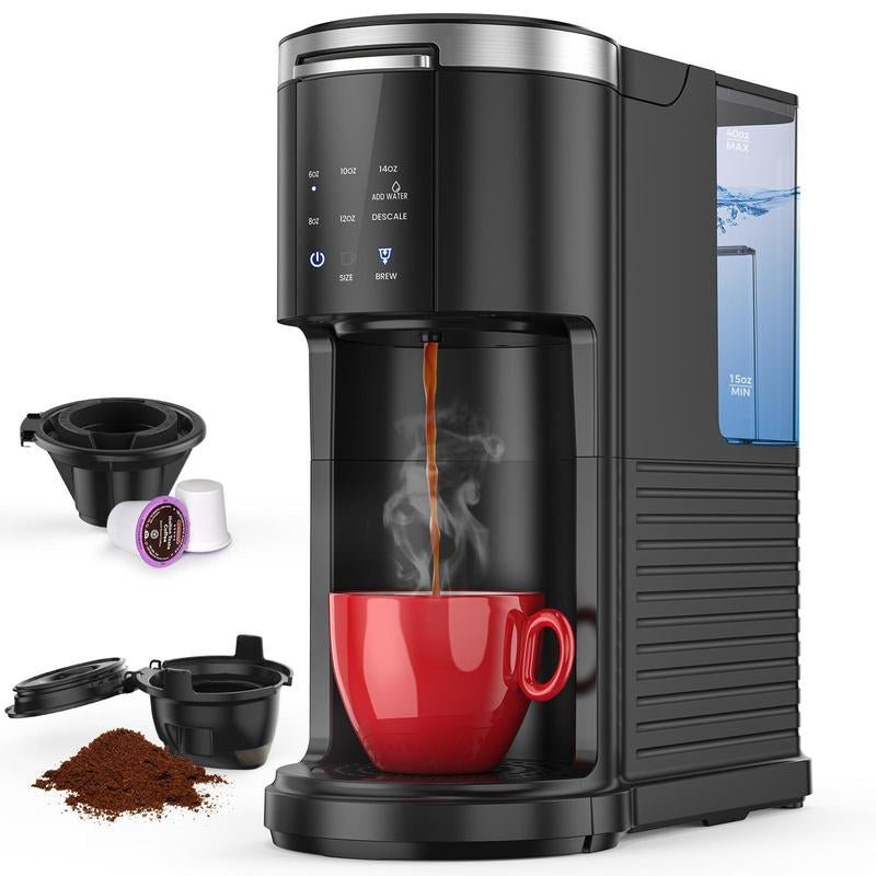 Single Serve Coffee Maker, Coffee Brewer for K - Cups Pods and Ground Coffee, Capsule Coffee Machine with 40Oz Water Tank, 5 Brew Sizes up to 14Cz, Black - Open Season Industries