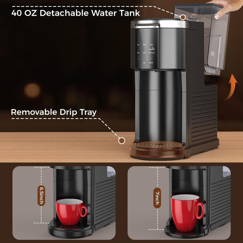 Single Serve Coffee Maker, Coffee Brewer for K - Cups Pods and Ground Coffee, Capsule Coffee Machine with 40Oz Water Tank, 5 Brew Sizes up to 14Cz, Black - Open Season Industries