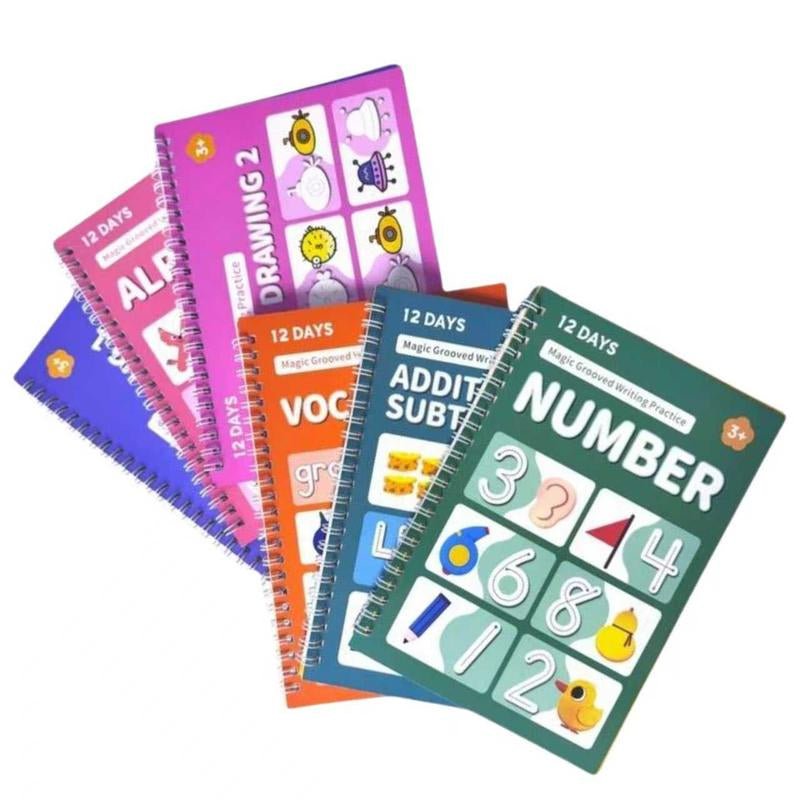 Reusable Grooved Handwriting Workbook for Kids, Learning Materials, 6 Books–Early Elementary, Covers Math, Words, Drawing –Gift for Children Lettering Spiral Notebook School Supplies - Open Season Industries