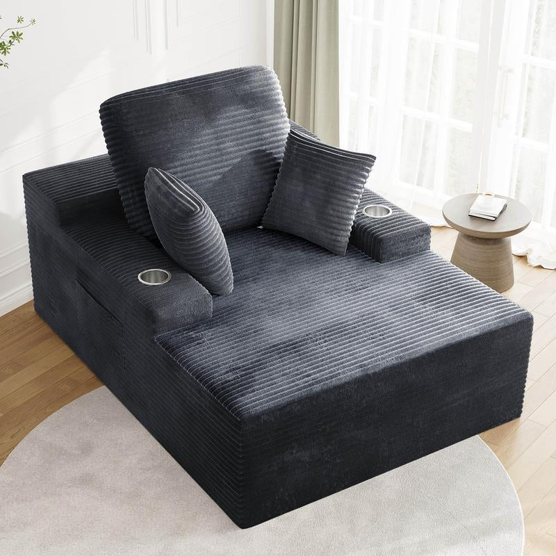 LIKIMIO 49" Oversized Chaise Lounge Sofa Bed with 2 Cup Holders & Storage Pocket - Plush Corduroy Upholstered, No Assembly Cloud Couch for Living Room, Bedroom, or Reading Nook - Open Season Industries