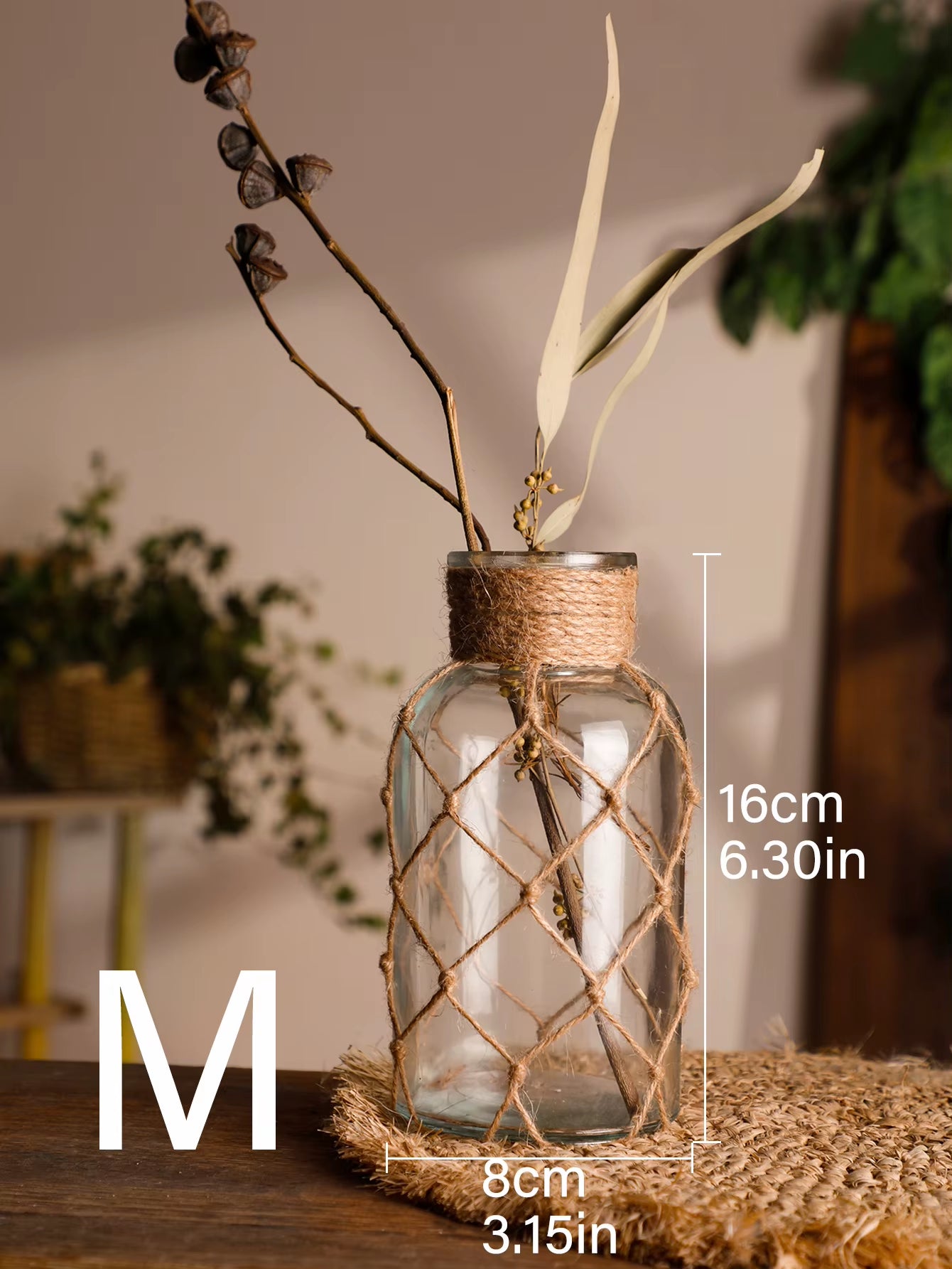 Rustic Hanging Glass Vase Rope Net Dry Flower Glass Vase with Art Hemp Rope Home Transparent Living Room Decor Table Decoration - Open Season Industries