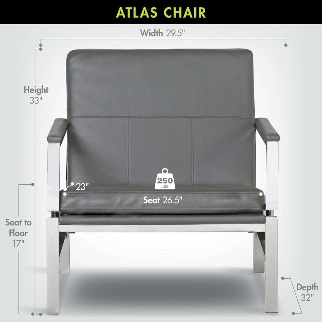 Atlas Modern Accent Chair in Blended Leather, Chrome / Gray - Open Season Industries