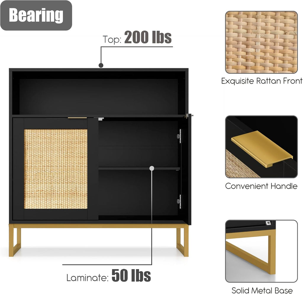 Rattan Cabinet, Storage Cabinet with Doors and Open Shelf Kitchen Sideboard Buffet Cabinet for Dining Room Living Room Hallway Black H0068 - Open Season Industries