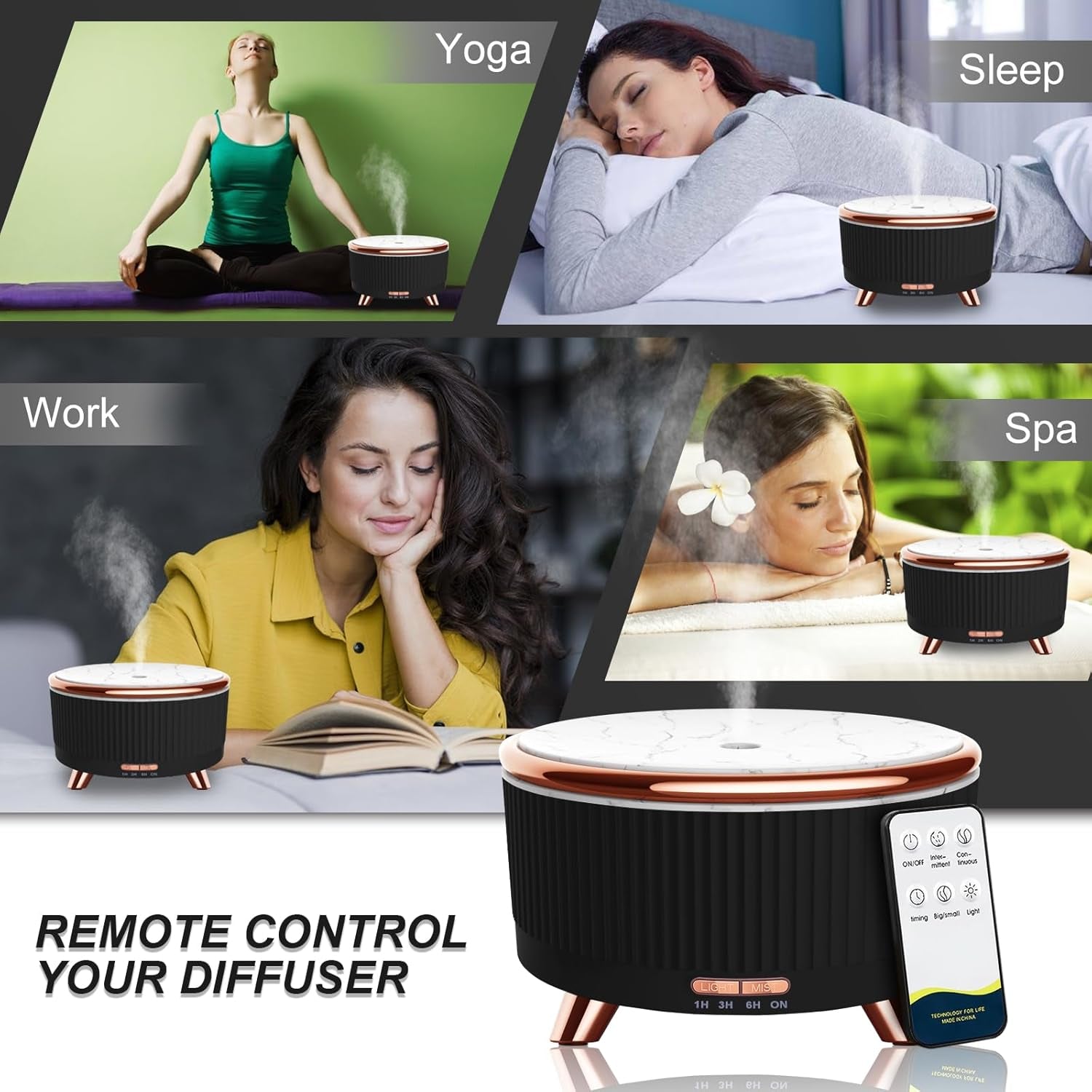 Diffusers for Essential Oils Large Room, 500Ml Aromatherapy Diffuser Cool Mist Humidifier with Remote Control,7 Colors Lights & 3 Mist Mode Waterless Auto off for Women Office Home Black - Open Season Industries