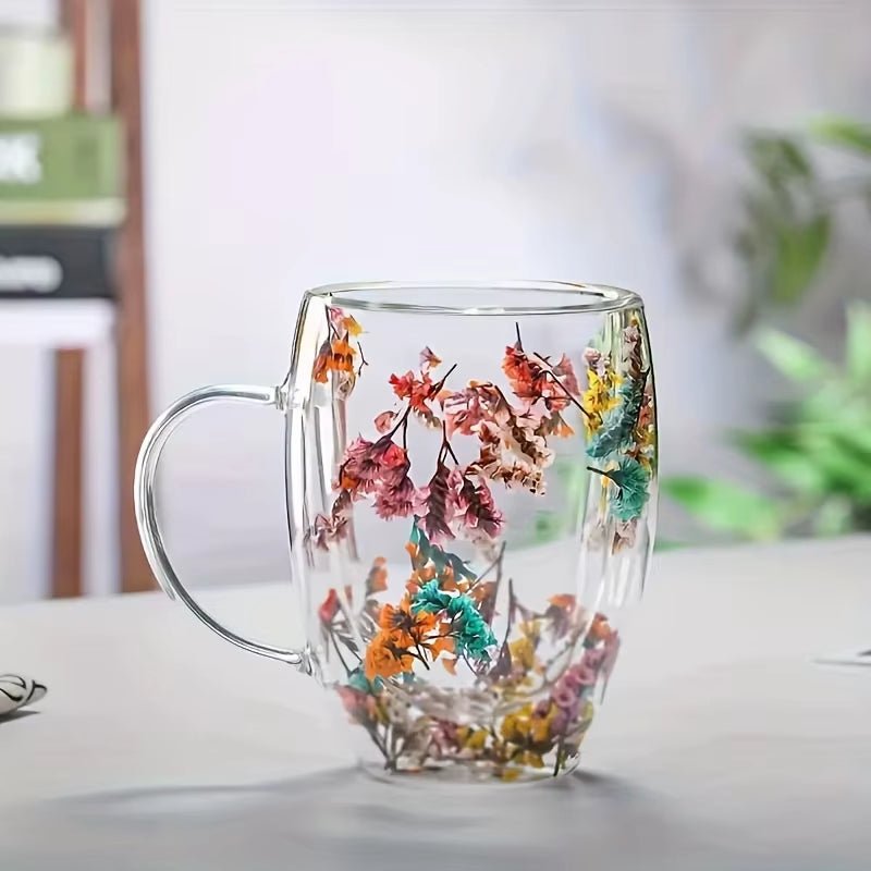 Double Wall Clear Glass Coffee Mugs Creative Clear Glass Cups with Handle Flowers Double Insulated Glass Cup for Hot Cold - Open Season Industries