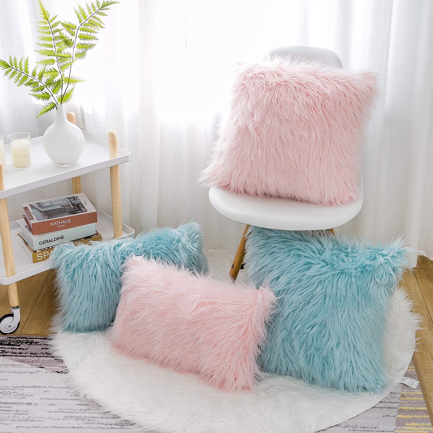 Set of 2 Pink Fluffy Pillow Covers New Luxury Series Merino Style Blush Faux Fur Decorative Throw Pillow Covers Square Fuzzy Cushion Case 18X18 Inch - Open Season Industries