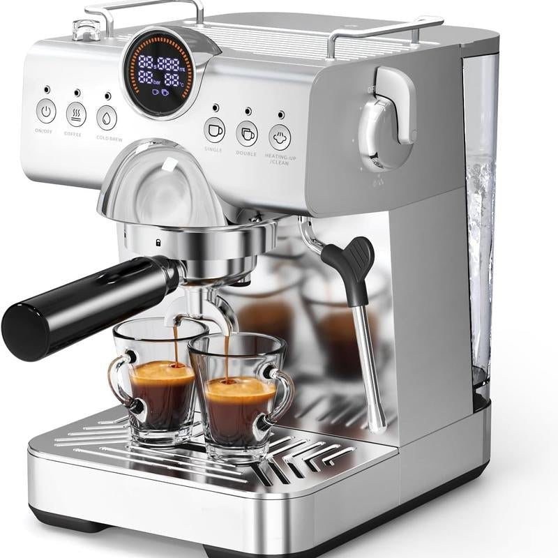 XBEAUTY Espresso Machine with Cold Brew, Professional Espresso Maker with Milk Frother Steam Wand for Latte & Cappuccino, Espresso Coffee Machine with LED Display for Home Use(Stainless Steel) - Open Season Industries
