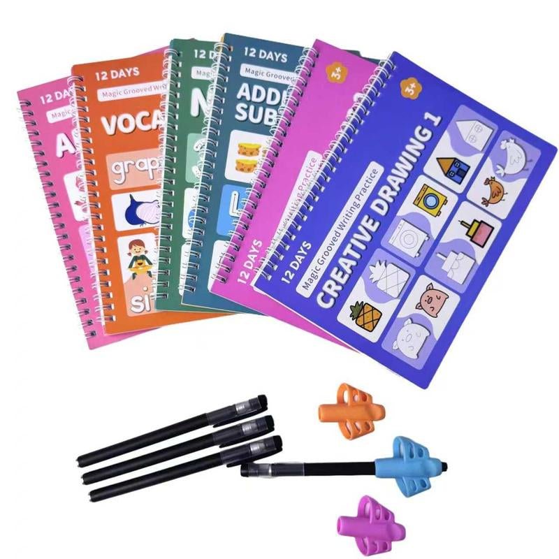 Reusable Grooved Handwriting Workbook for Kids, Learning Materials, 6 Books–Early Elementary, Covers Math, Words, Drawing –Gift for Children Lettering Spiral Notebook School Supplies - Open Season Industries