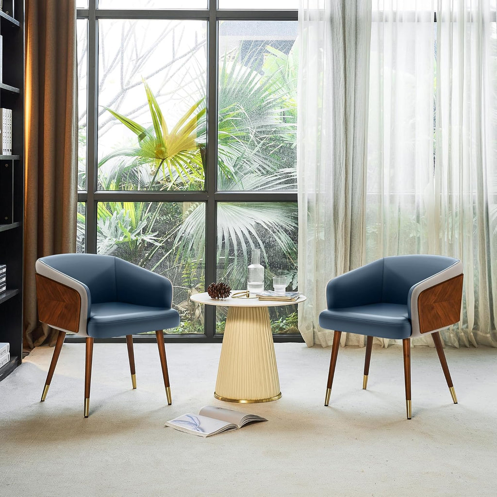 Dining Accent Chair,Modern Faux Leather with Walnut, Mid Century Eucalyptus Upholsted Retro Arm Chair, Metal Legs Dissassembly Adjustable Foot for Kitchen Dining Room,Navy Blue - Open Season Industries