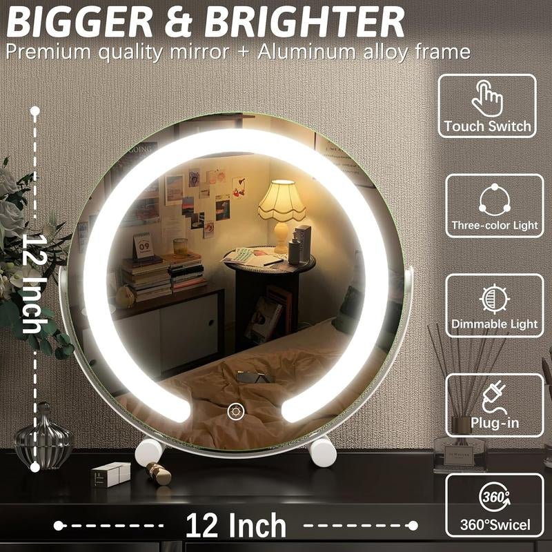 Vanity Mirror with Lights,12 - Inch Makeup Mirror with Lights, Dimmable, Touch Screen with 3 - Color Lighting,For Vanity Desk(White) - Open Season Industries