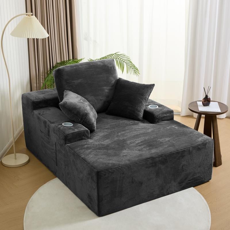 LIKIMIO 49" Oversized Chaise Lounge Sofa Bed with 2 Cup Holders & Storage Pocket - Plush Corduroy Upholstered, No Assembly Cloud Couch for Living Room, Bedroom, or Reading Nook - Open Season Industries