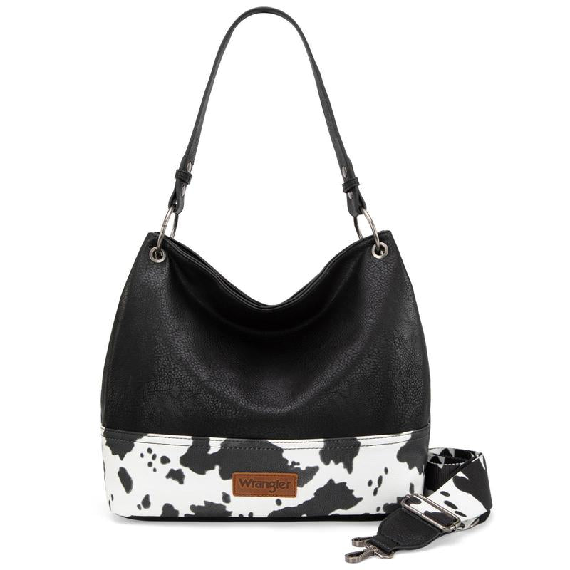 Wrangler Cow Print Hobo Bag Vegan Leather for Woman with Wide Guitar Strap - Open Season Industries