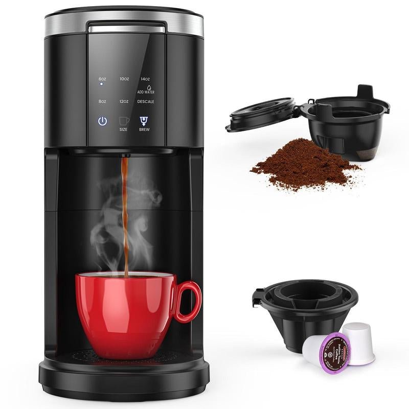 Single Serve Coffee Maker, Coffee Brewer for K - Cups Pods and Ground Coffee, Capsule Coffee Machine with 40Oz Water Tank, 5 Brew Sizes up to 14Cz, Black - Open Season Industries