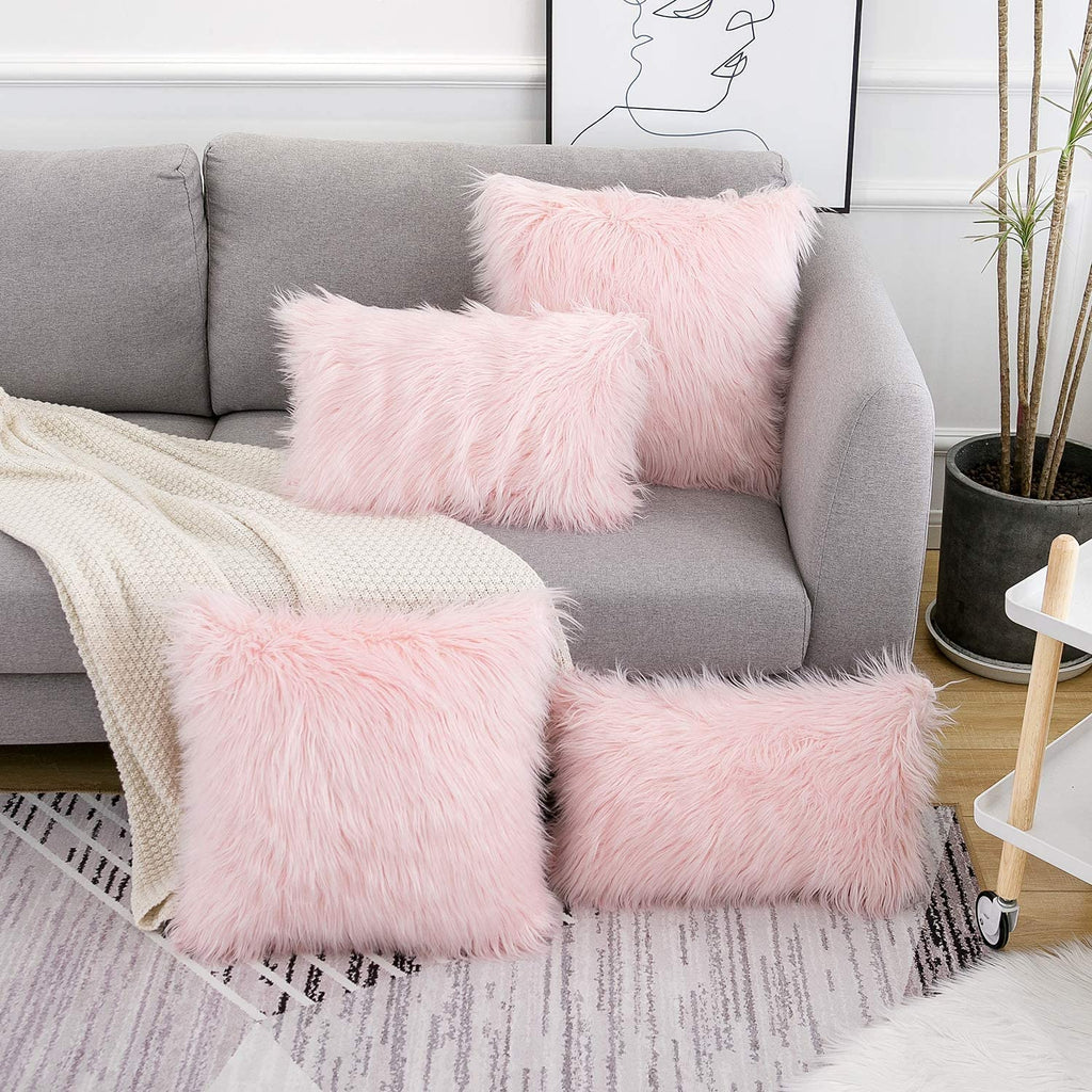 Set of 2 Pink Fluffy Pillow Covers New Luxury Series Merino Style Blush Faux Fur Decorative Throw Pillow Covers Square Fuzzy Cushion Case 18X18 Inch - Open Season Industries