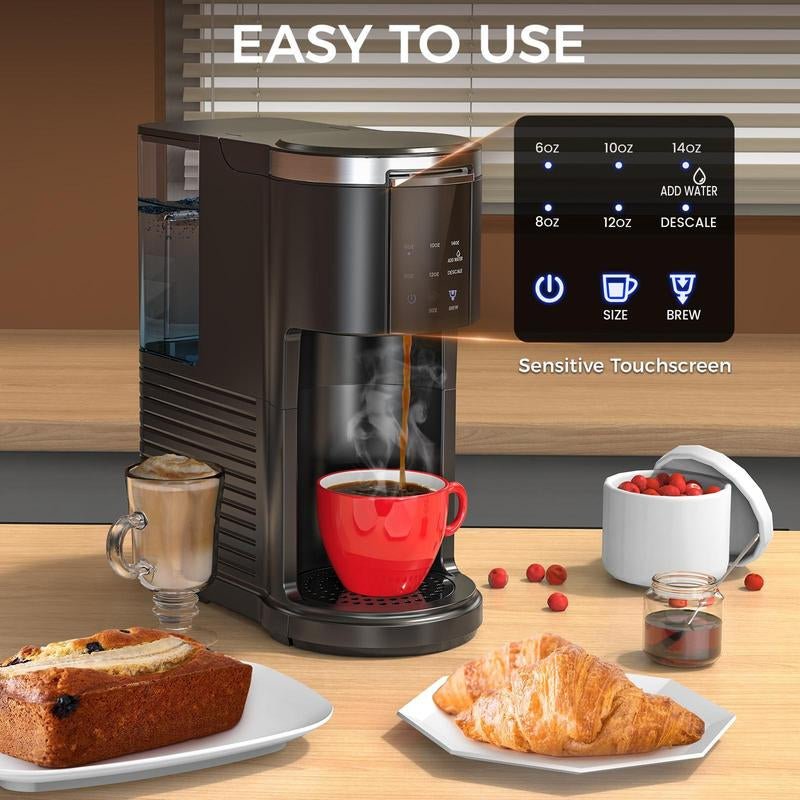 Single Serve Coffee Maker, Coffee Brewer for K - Cups Pods and Ground Coffee, Capsule Coffee Machine with 40Oz Water Tank, 5 Brew Sizes up to 14Cz, Black - Open Season Industries