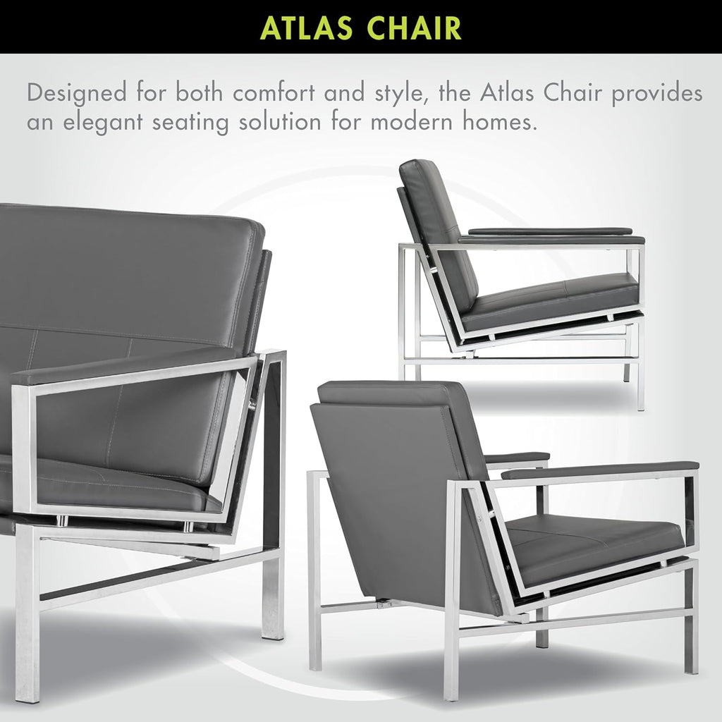 Atlas Modern Accent Chair in Blended Leather, Chrome / Gray - Open Season Industries