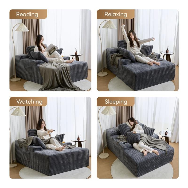 LIKIMIO 49" Oversized Chaise Lounge Sofa Bed with 2 Cup Holders & Storage Pocket - Plush Corduroy Upholstered, No Assembly Cloud Couch for Living Room, Bedroom, or Reading Nook - Open Season Industries