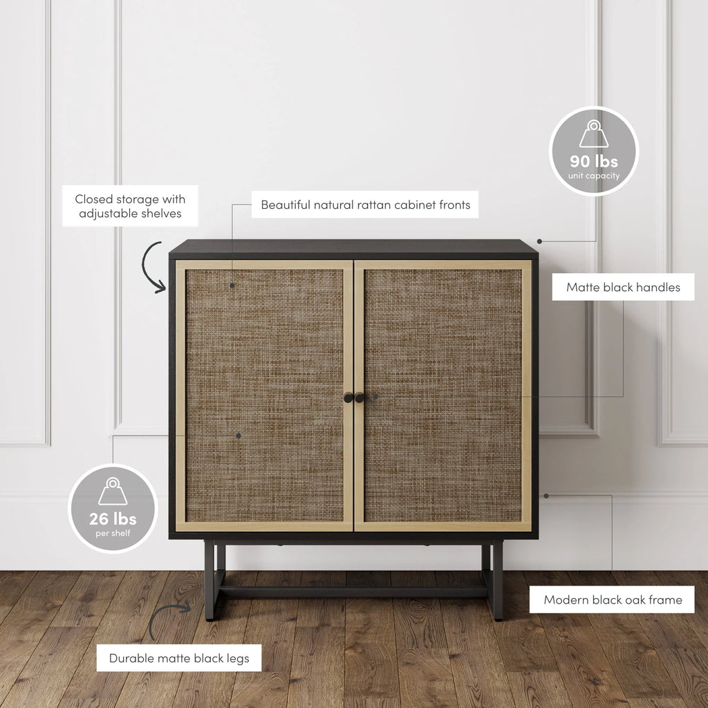 Kova Cane Rattan Doors Accent Cabinet with Black Metal Base and Adjustable Shelf - Open Season Industries