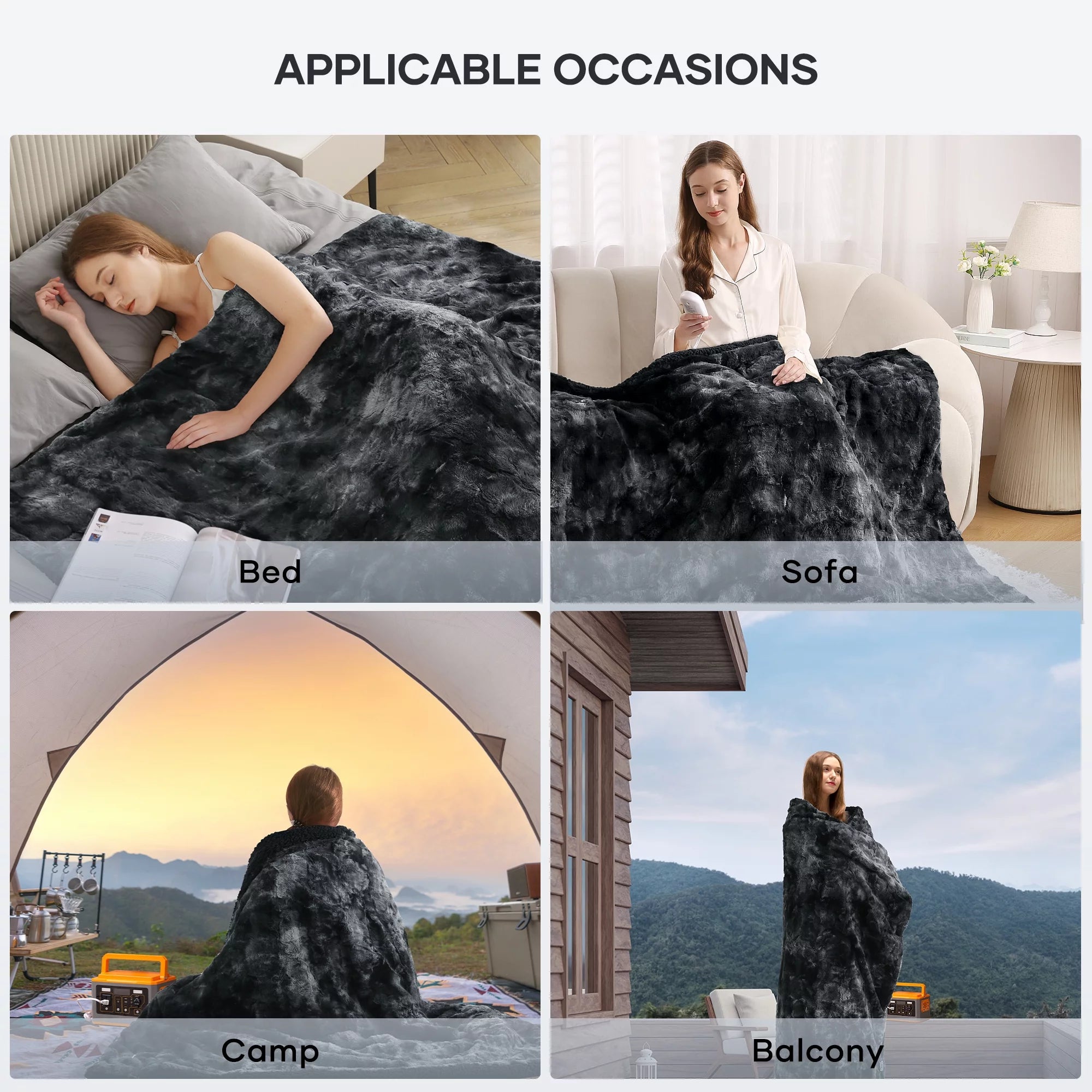 Electric Throw Blanket 50" X 60", Soft Faux Fur Heated Blanket with Large LED Display, 6 Heating Levels, 4 Hours Timer, Tie - Dye Black - Open Season Industries