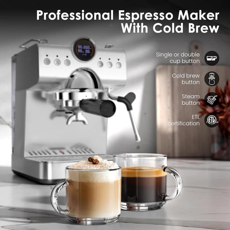 XBEAUTY Espresso Machine with Cold Brew, Professional Espresso Maker with Milk Frother Steam Wand for Latte & Cappuccino, Espresso Coffee Machine with LED Display for Home Use(Stainless Steel) - Open Season Industries