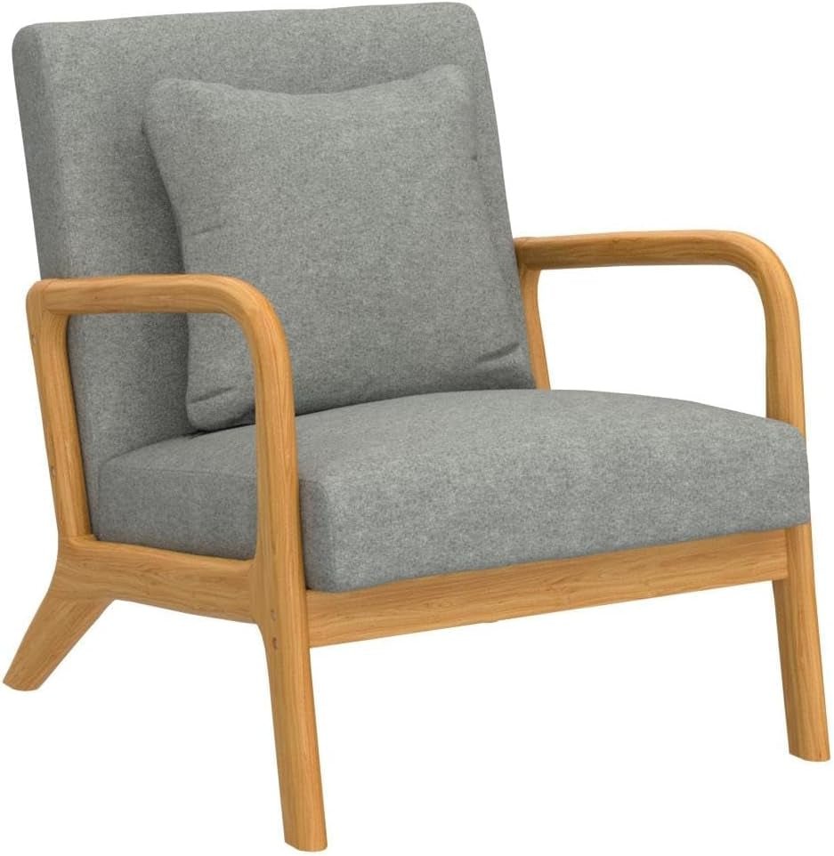 Accent Chair, Mid - Century Modern Side Chairs for Living Room, Bedroom, Balcony, Reading Room, Deeper Sitting Chair with Pillow, Armchair with Solid Wood Frame & Soft Cushion, Grey - Open Season Industries
