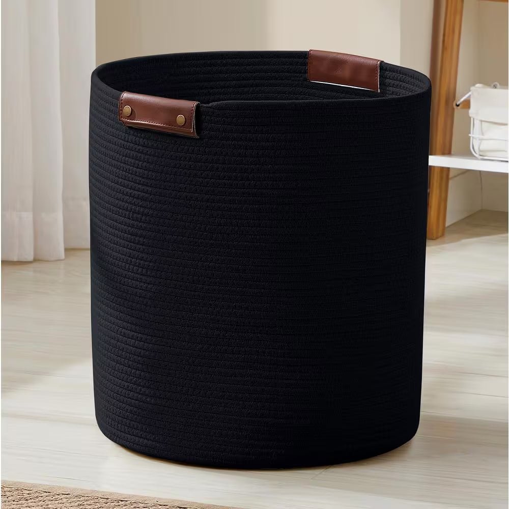 100% Cotton Fabric Rope Storage Basket Basket with Leather Handles 16 In. X 18 In. - Open Season Industries