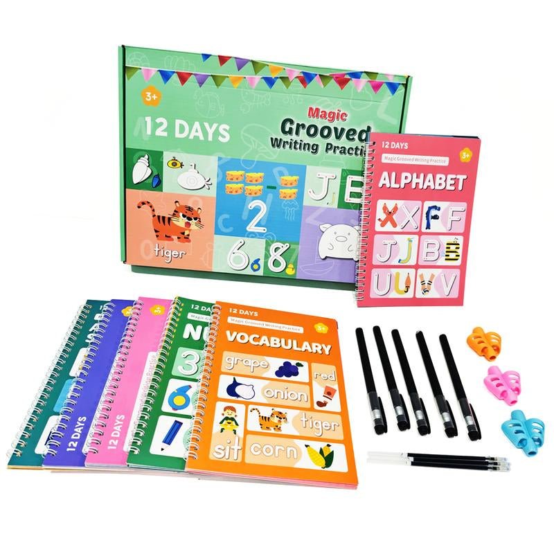 Reusable Grooved Handwriting Workbook for Kids, Learning Materials, 6 Books–Early Elementary, Covers Math, Words, Drawing –Gift for Children Lettering Spiral Notebook School Supplies - Open Season Industries
