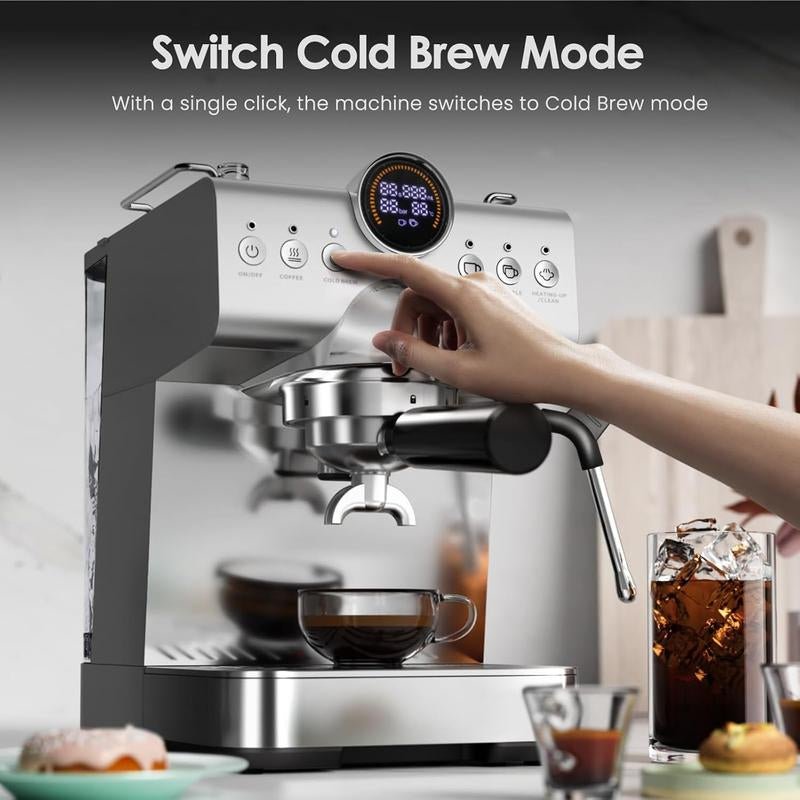 XBEAUTY Espresso Machine with Cold Brew, Professional Espresso Maker with Milk Frother Steam Wand for Latte & Cappuccino, Espresso Coffee Machine with LED Display for Home Use(Stainless Steel) - Open Season Industries