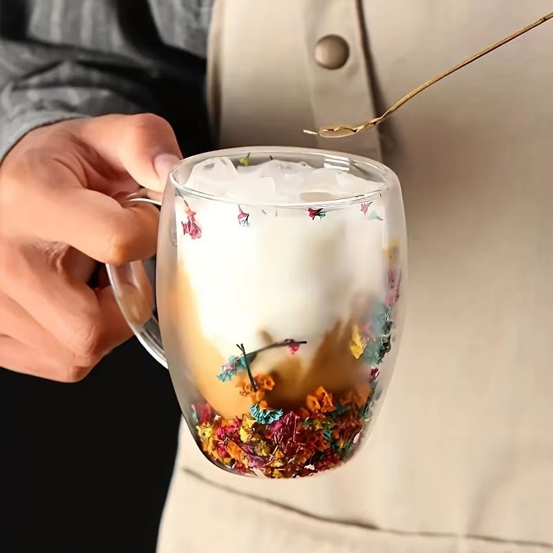 Double Wall Clear Glass Coffee Mugs Creative Clear Glass Cups with Handle Flowers Double Insulated Glass Cup for Hot Cold - Open Season Industries