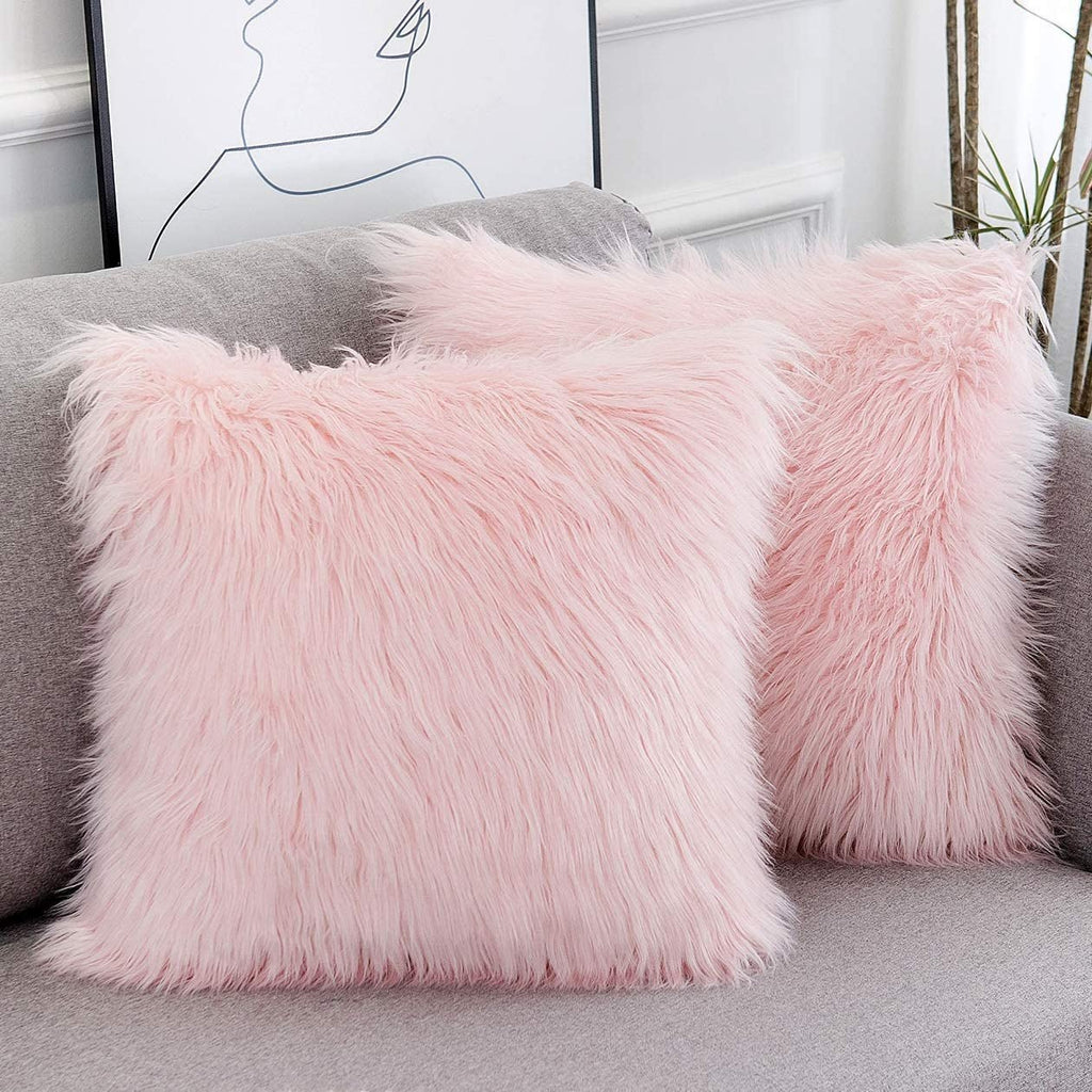 Set of 2 Pink Fluffy Pillow Covers New Luxury Series Merino Style Blush Faux Fur Decorative Throw Pillow Covers Square Fuzzy Cushion Case 18X18 Inch - Open Season Industries