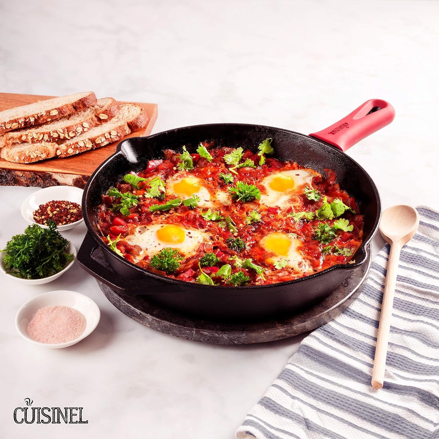 Cast Iron Skillet - 12" - Inch Frying Pan with Assist Handle + Red Silicone Grip Cover - Pre - Seasoned Oven Safe Cookware - Indoor/Outdoor Use - Grill, Stovetop, Induction, BBQ and Firepit Safe - Open Season Industries