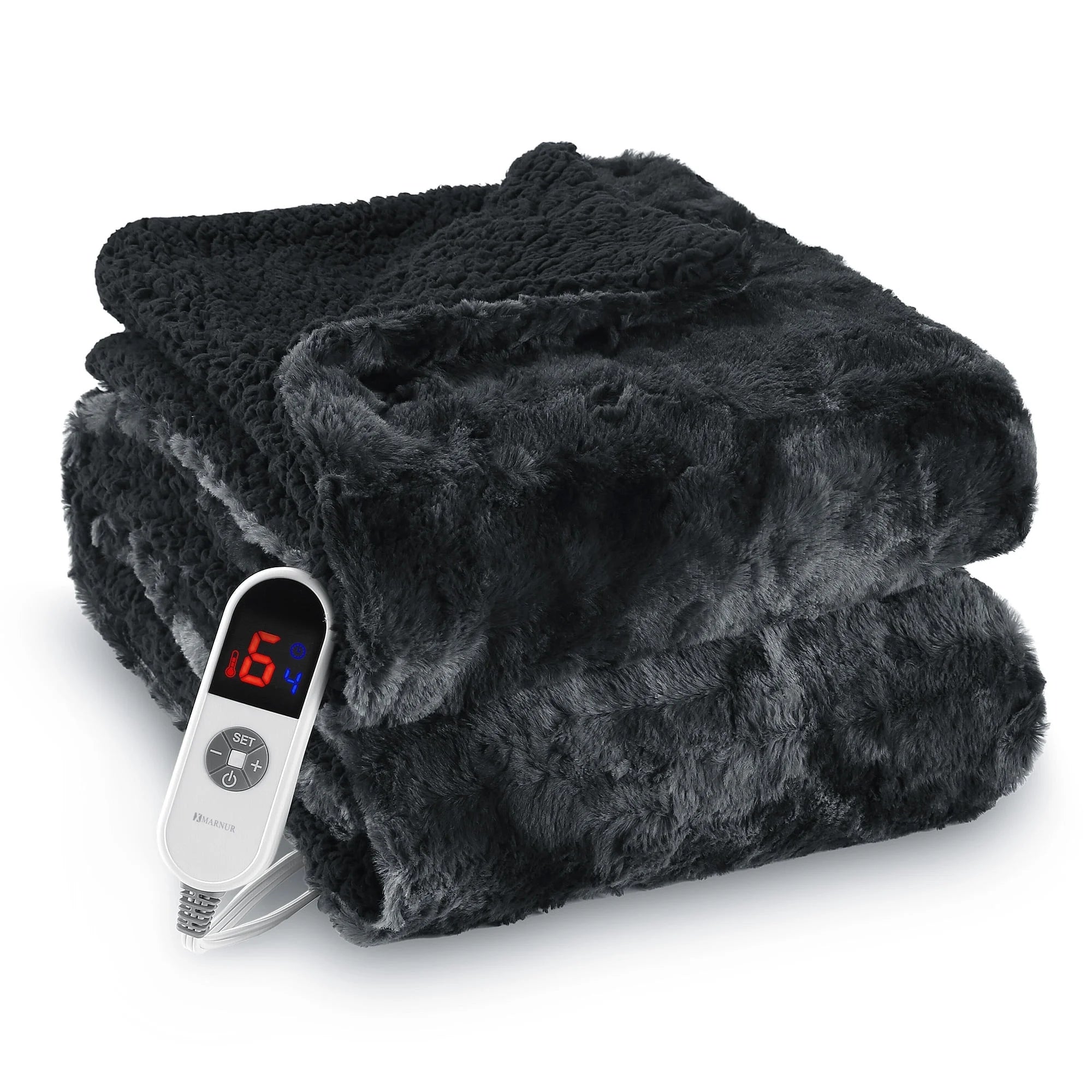 Electric Throw Blanket 50" X 60", Soft Faux Fur Heated Blanket with Large LED Display, 6 Heating Levels, 4 Hours Timer, Tie - Dye Black - Open Season Industries