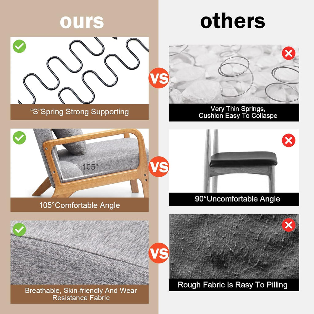 Accent Chair, Mid - Century Modern Side Chairs for Living Room, Bedroom, Balcony, Reading Room, Deeper Sitting Chair with Pillow, Armchair with Solid Wood Frame & Soft Cushion, Grey - Open Season Industries